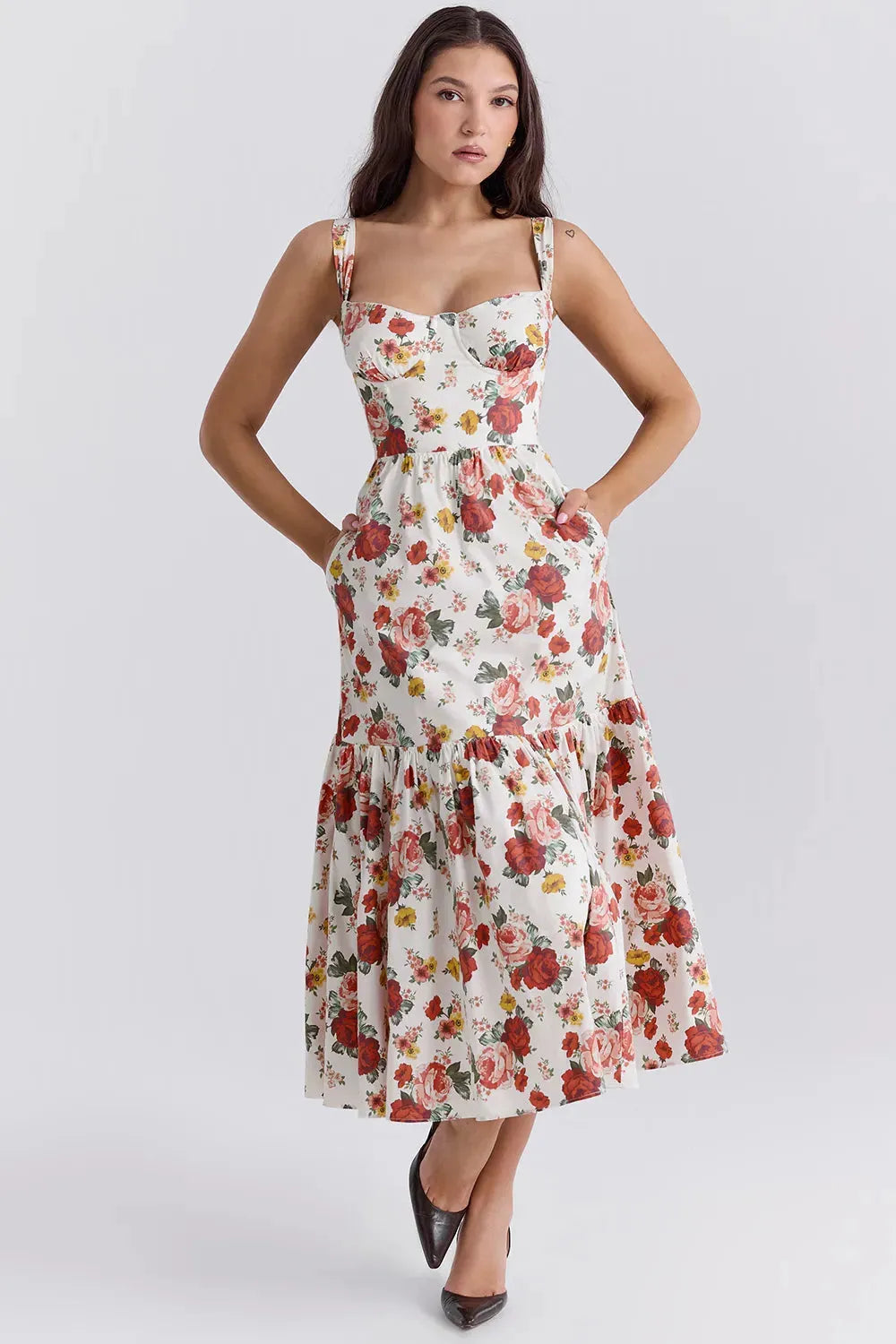 Vestido Midi Floral Modelador de Algodão - Lindele Exclusive