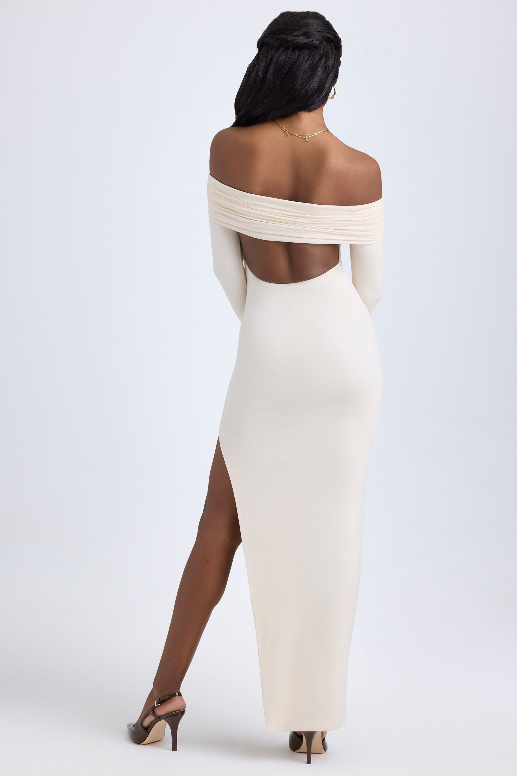 Vestido Maxi Modal Off-Shoulder com Costas Abertas - Lindele Exclusive