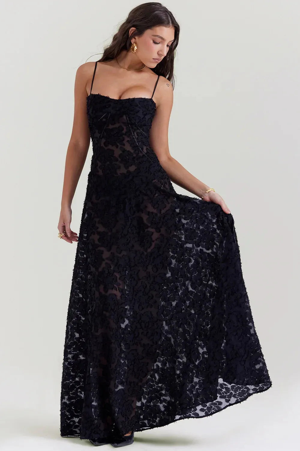 Vestido Longo Semitransparente Floral - Lindele Exclusive