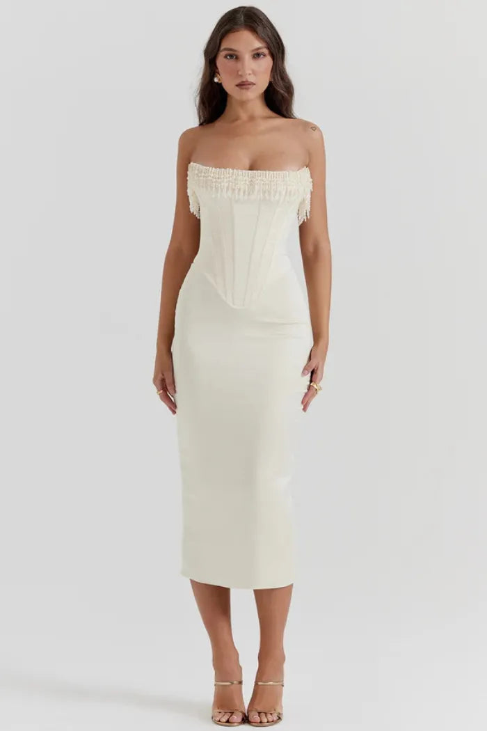 Vestido Midi Com Fileiras de Pérolas - Lindele Exclusive