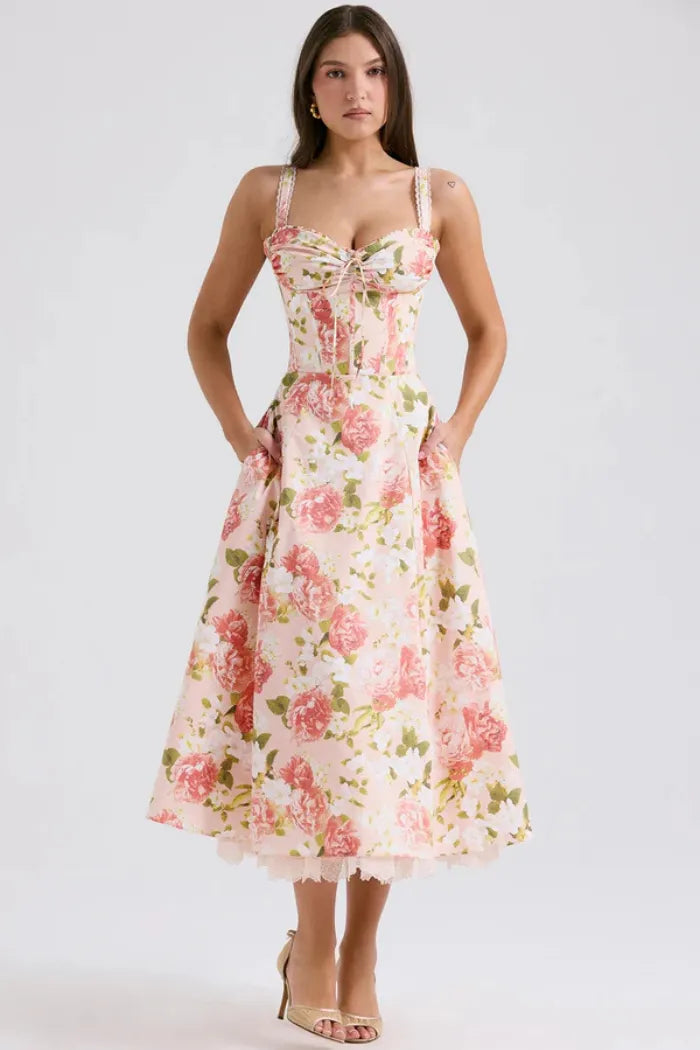 Vestido Midi Floral - Com Espartilho - Lindele Exclusive