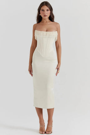Vestido Midi Com  Fileiras de Pérolas  - Lindele Exclusive