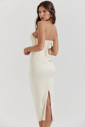 Vestido Midi Com  Fileiras de Pérolas  - Lindele Exclusive