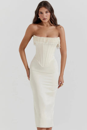 Vestido Midi Com  Fileiras de Pérolas  - Lindele Exclusive